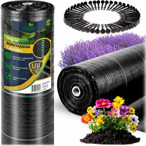 Agrotkanina ogrodowa 1,6 m x 100 m 90 g/m2 + 100 szpilek Plonos - czarna