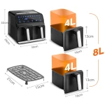 Frytkownica beztłuszczowa Air fryer frytownica XXL 8l dwukomorowa Berdsen BD-653 czarno-srebrna