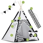 Namiot tipi dla dzieci z girlandą i światełkami - biało czarny z pandą 