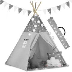 Namiot tipi dla dzieci z girlandą i światełkami - szare w gwiazdki