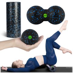 Zestaw roller do ćwiczeń + piłka + podwójna piłka do masażu NS-998 czarno-niebieski